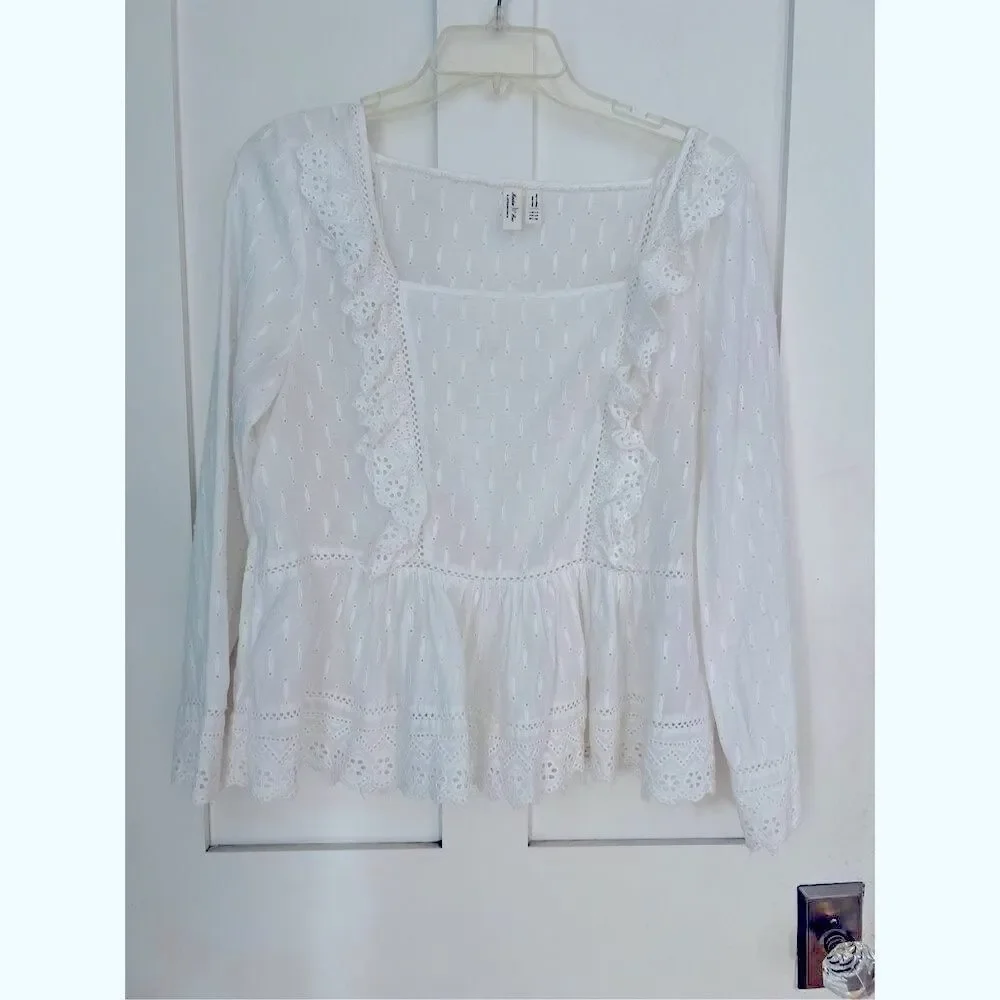 Anthropologie Meadow Rue White Edelyn Ruffled Eyelet Summer Blouse Top Sz 10